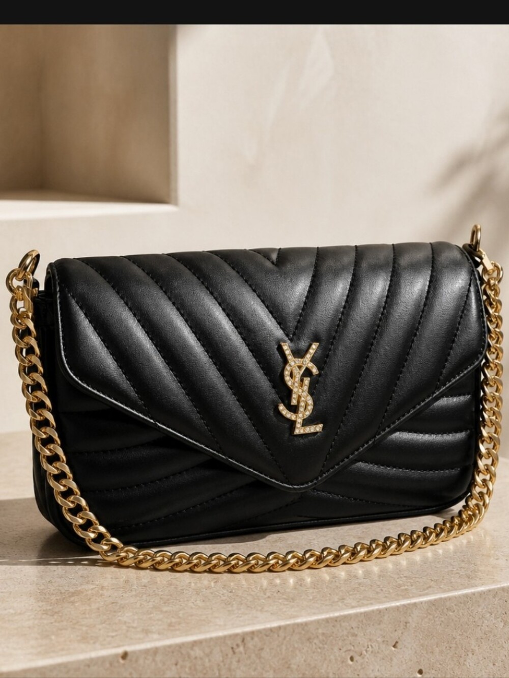 Black Quilted Vegan Shoulder Bag with Gold & Crystal Logo